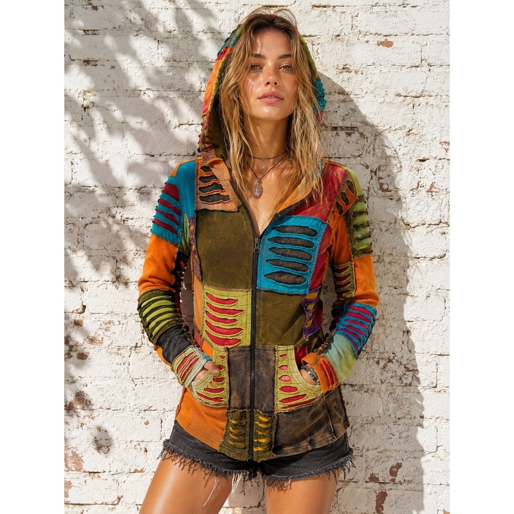 Vintage KPC Cotton‎ Patchwork Razor Cut Pixie Zip Up Hoodie Boho Grunge Size M